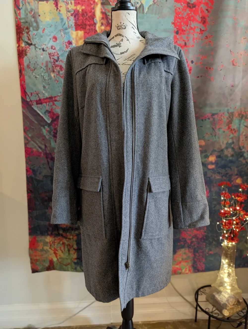 H&M Gray Hooded Wool-Blend Trench Coat - Picture 7 of 14